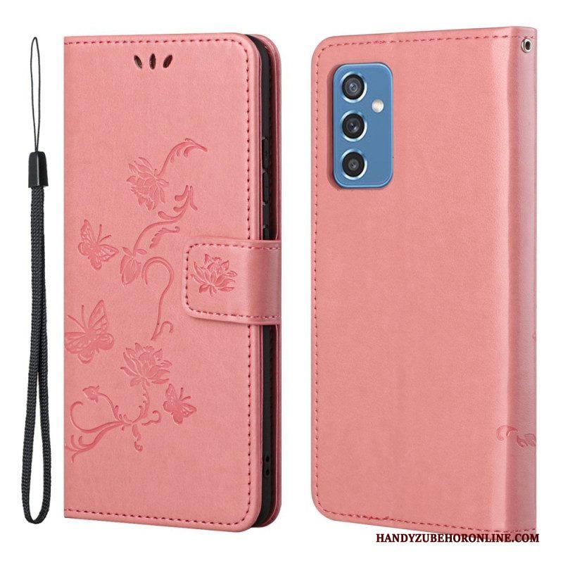 Flip Case voor Samsung Galaxy M52 5G Met Ketting Vlinders En Bloemen Riem