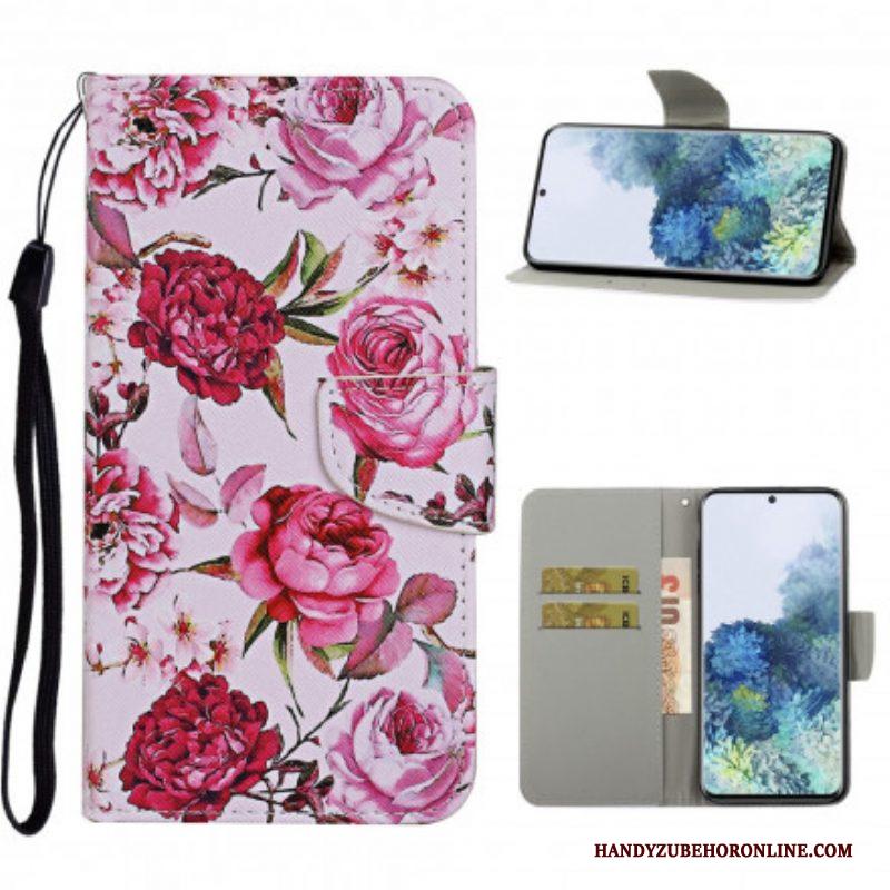 Flip Case voor Samsung Galaxy S21 Ultra 5G Meesterlijke Bloemen Met Riem