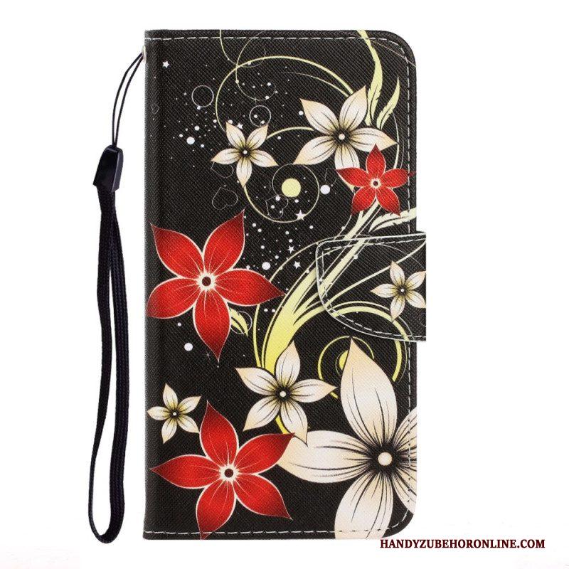 Flip Case voor Samsung Galaxy S22 Ultra 5G Met Ketting Kleurrijke Strappy Bloemen