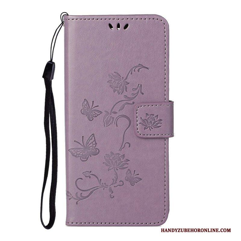 Folio-hoesje voor Samsung Galaxy S21 5G Met Ketting String Vlinders En Bloemen