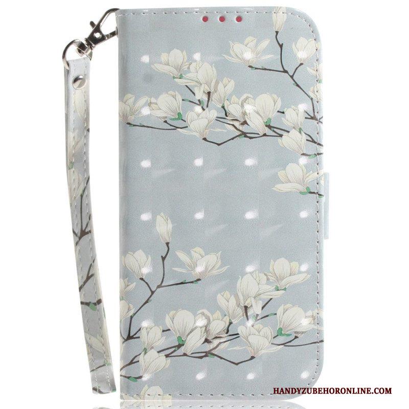 Folio-hoesje voor Samsung Galaxy S23 Ultra 5G Met Ketting Witte Bloemen Met Bandjes