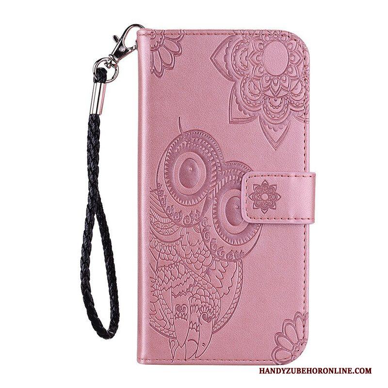 Leren Hoesje voor Samsung Galaxy S21 FE Uil Mandala En Lanyard