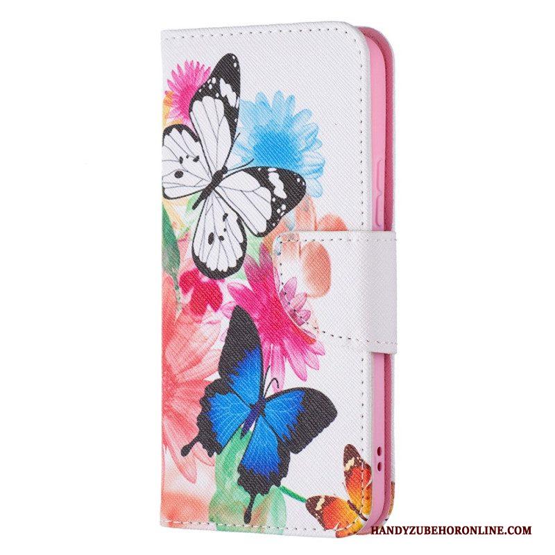 Leren Hoesje voor Samsung Galaxy S22 5G Geschilderde Vlinders En Bloemen