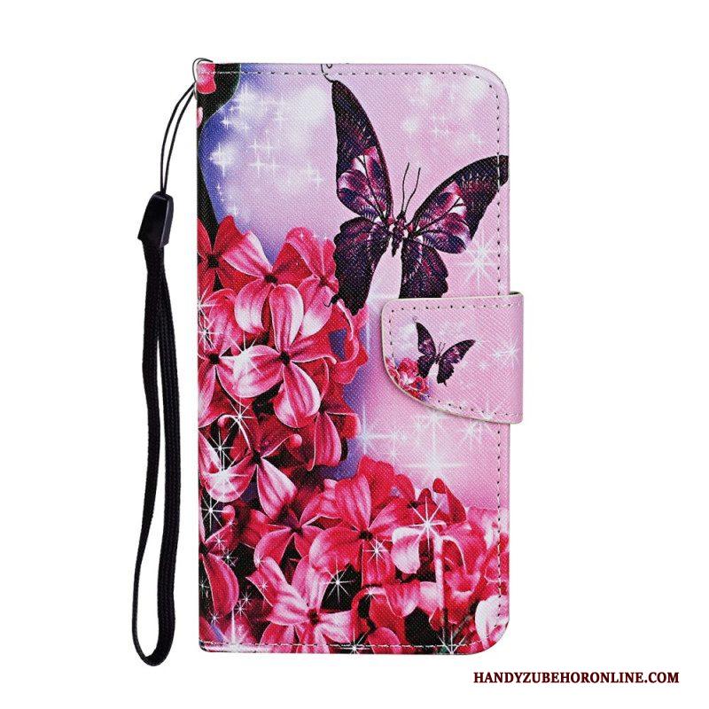 Leren Hoesje voor Samsung Galaxy S22 Ultra 5G Vlinders Floral Lanyard