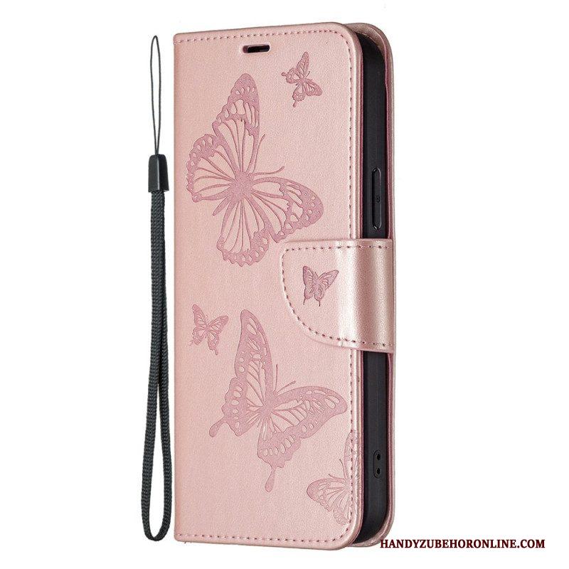 Leren Hoesje voor Samsung Galaxy S23 5G Met Ketting String Vlinders