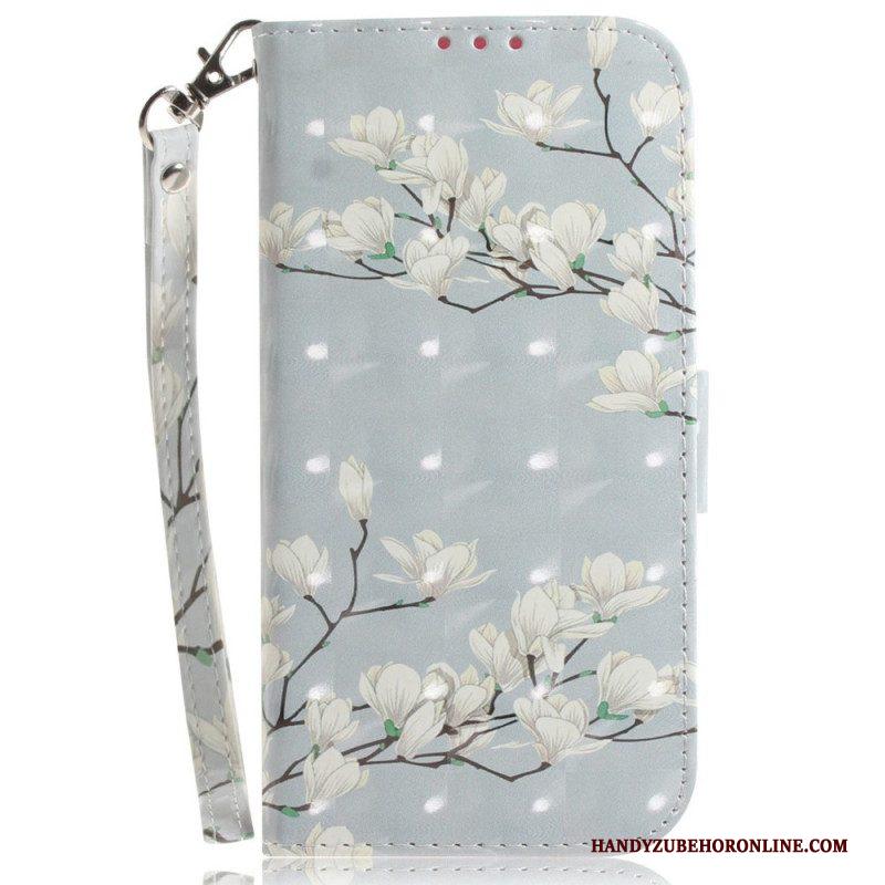 Leren Hoesje voor Xiaomi 12 / 12X Met Ketting Witte Bloemen Met Bandjes