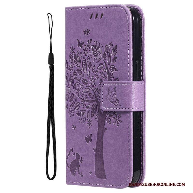 Leren Hoesje voor Xiaomi 12T / 12T Pro Met Ketting Kat Onder De String Tree