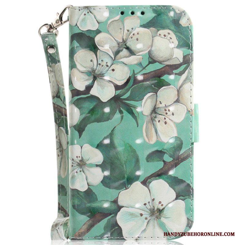 Leren Hoesje voor Xiaomi 13 Met Ketting Witte Bloemen Met Bandjes