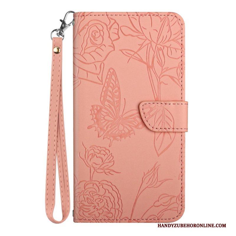 Leren Hoesje voor Xiaomi Redmi Note 12 Pro Vlinders En Lanyard