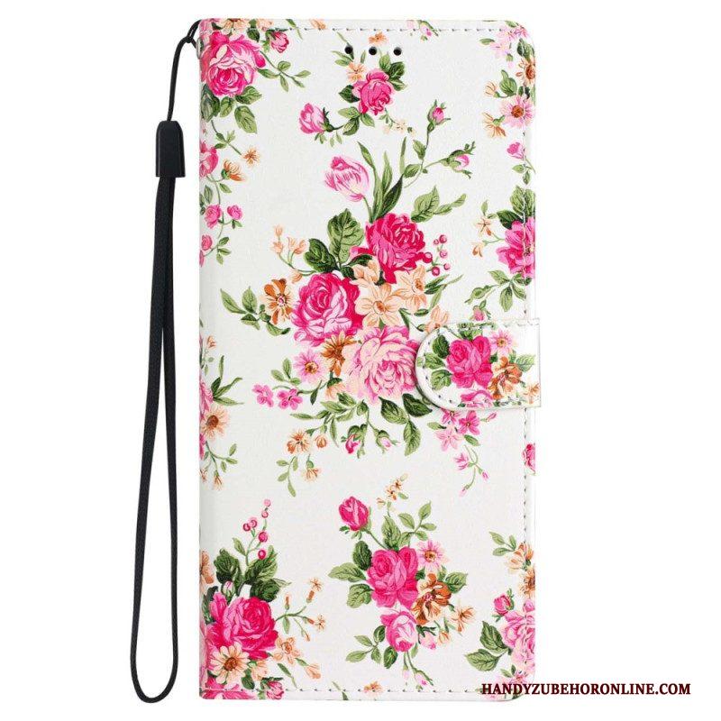 Leren Hoesje voor iPhone 15 Met Ketting Liberty-bloemen Met Riem