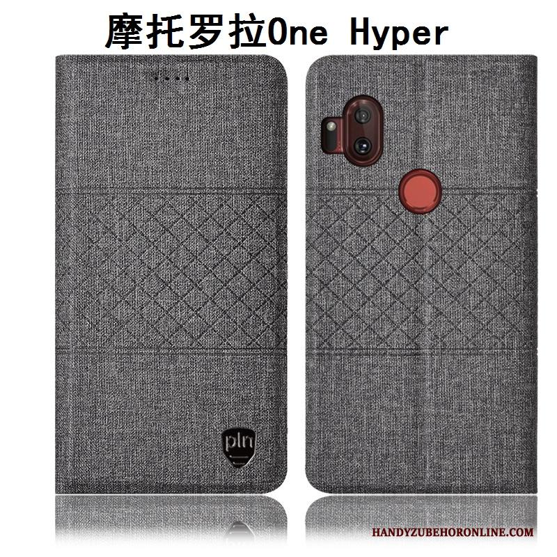 Motorola One Hyper Leren Etui Grijs Anti-fall Folio Hoesje Telefoon Bescherming Katoen En Linnen