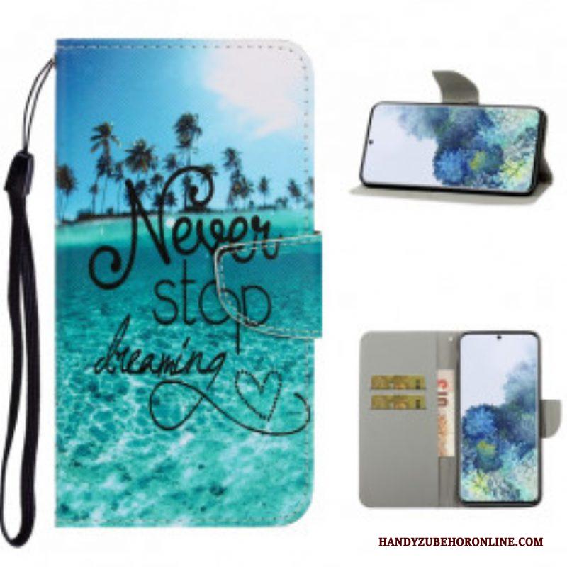 Folio-hoesje voor Samsung Galaxy S21 Ultra 5G Met Ketting Stop Nooit Met Dromen In Marineblauwe Bandjes