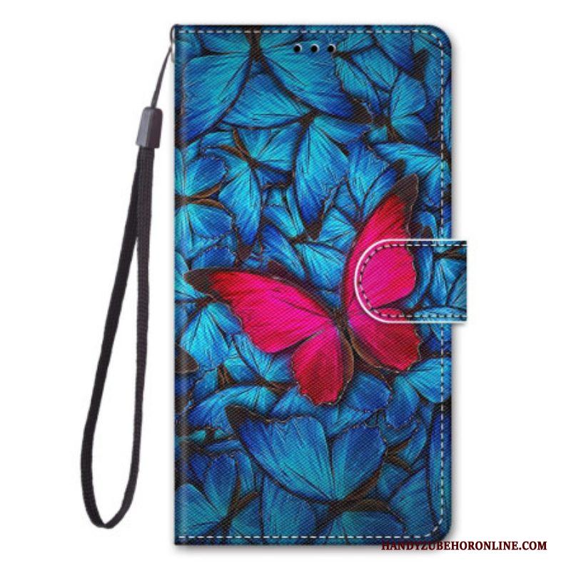 Leren Hoesje voor Xiaomi 12 / 12X Met Ketting Rode Vlinder Met Riem