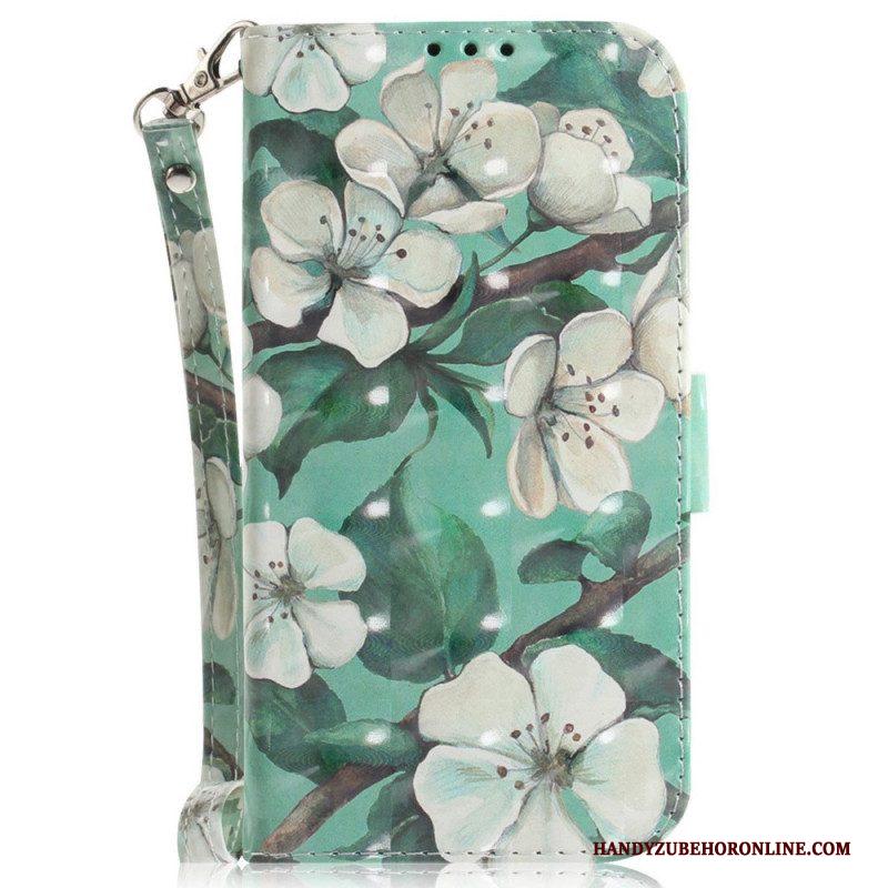 Leren Hoesje voor Xiaomi 12 / 12X Met Ketting Witte Bloemen Met Bandjes